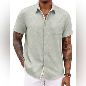 NWT HUNGSON Men's Mint / Aqua Green Linen-Blend Short Sleeve Button Down